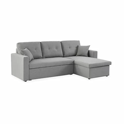 Alice's Home - Canapé d'angle Convertible en Tissu Gris Clair - IDA - 3 Places. Fauteuil d'angle réversible Coffre Rangement lit modulable. 2 Coussins Inclus.