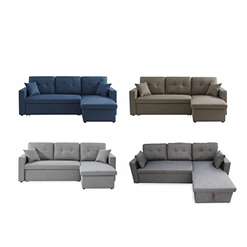 Alice's Home - Canapé d'angle Convertible en Tissu Gris Clair - IDA - 3 Places. Fauteuil d'angle réversible Coffre Rangement lit modulable. 2 Coussins Inclus.