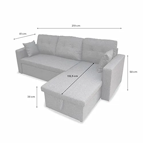 Alice's Home - Canapé d'angle Convertible en Tissu Gris Clair - IDA - 3 Places. Fauteuil d'angle réversible Coffre Rangement lit modulable. 2 Coussins Inclus.