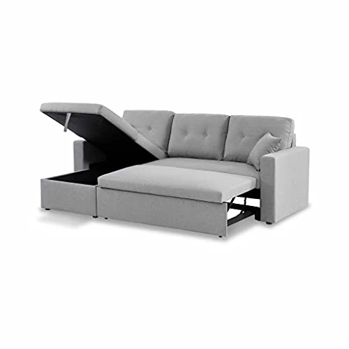 Alice's Home - Canapé d'angle Convertible en Tissu Gris Clair - IDA - 3 Places. Fauteuil d'angle réversible Coffre Rangement lit modulable. 2 Coussins Inclus.