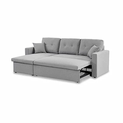 Alice's Home - Canapé d'angle Convertible en Tissu Gris Clair - IDA - 3 Places. Fauteuil d'angle réversible Coffre Rangement lit modulable. 2 Coussins Inclus.