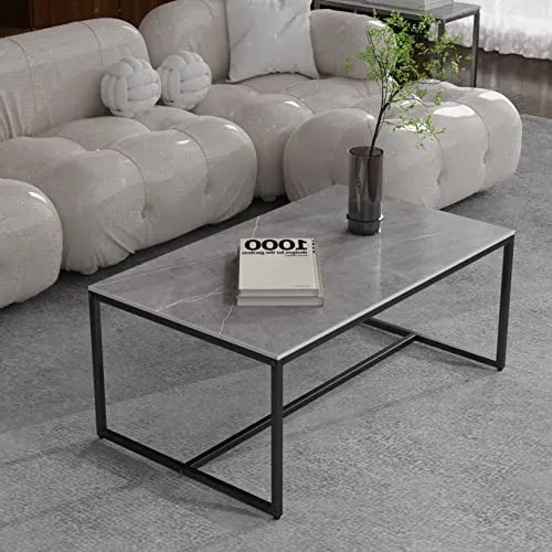 FATIVO Table Basse Marbre de Salon: Table Café Industrielle Rectangulaire Design Table Basse Noir Moderne Scantinave en Pierre Frittée Grand Plateau pour Salon Bureau Café - Gris 100x60x43cm