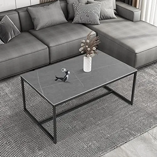 FATIVO Table Basse Marbre de Salon: Table Café Industrielle Rectangulaire Design Table Basse Noir Moderne Scantinave en Pierre Frittée Grand Plateau pour Salon Bureau Café - Gris 100x60x43cm