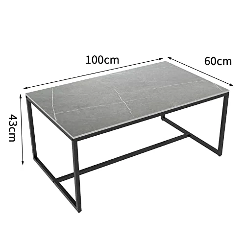 FATIVO Table Basse Marbre de Salon: Table Café Industrielle Rectangulaire Design Table Basse Noir Moderne Scantinave en Pierre Frittée Grand Plateau pour Salon Bureau Café - Gris 100x60x43cm