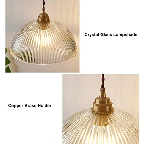 HJXDtech Luminaire Suspension Dôme en Verre Transparent Vintage Industrielle avec Base E27 en Laiton Cuivre Lustre Loft Lampe suspendue au plafond (25cm)