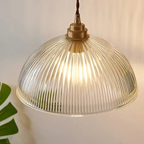 HJXDtech Luminaire Suspension Dôme en Verre Transparent Vintage Industrielle avec Base E27 en Laiton Cuivre Lustre Loft Lampe suspendue au plafond (25cm)
