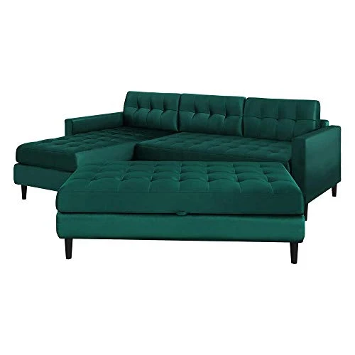 Selsey KOPENHAGA - Canapé d’Angle avec Pouf (Tissu Monolith 37 Vert Bouteille, Pieds Noirs en Bois, Coffre de Rangement intégré dans Le Pouf)