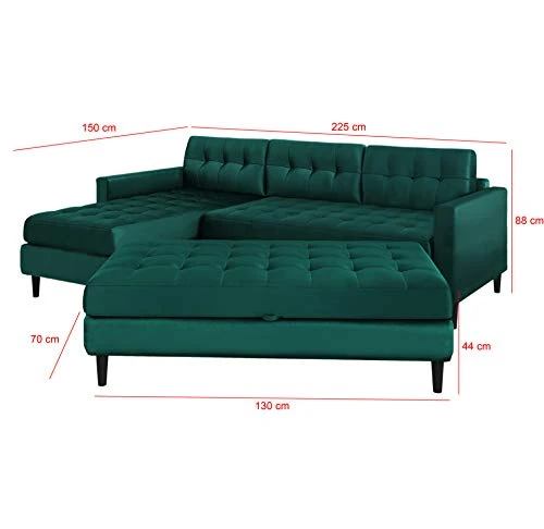 Selsey KOPENHAGA - Canapé d’Angle avec Pouf (Tissu Monolith 37 Vert Bouteille, Pieds Noirs en Bois, Coffre de Rangement intégré dans Le Pouf)