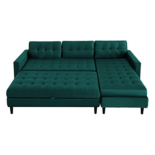 Selsey KOPENHAGA - Canapé d’Angle avec Pouf (Tissu Monolith 37 Vert Bouteille, Pieds Noirs en Bois, Coffre de Rangement intégré dans Le Pouf)