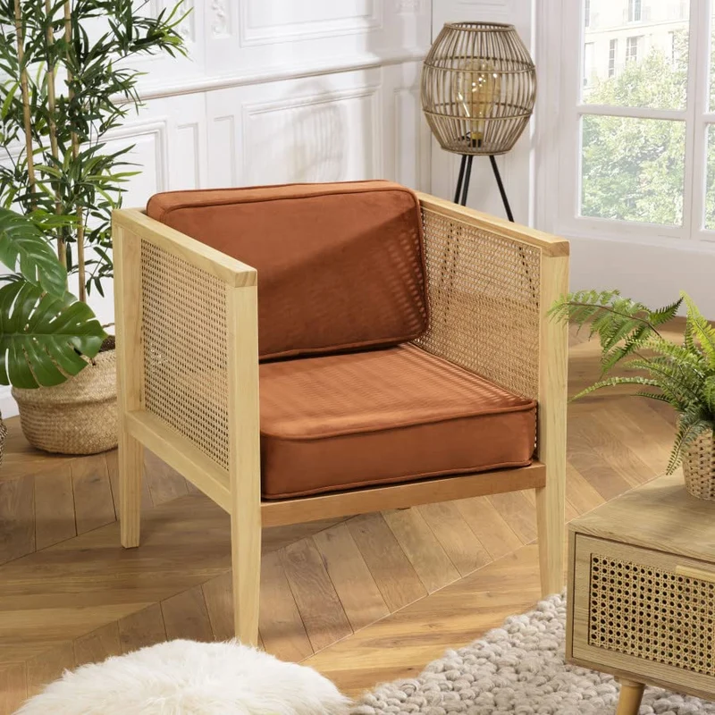 MACABANE ALBANE - Fauteuil cannage Assise Amovible Velours Orange