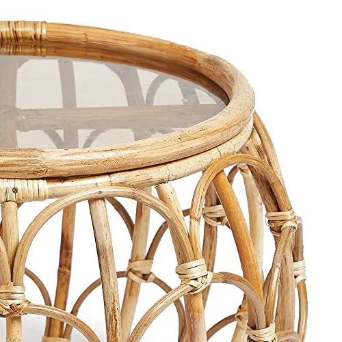 BTFY Table basse en rotin - Table centrale ronde en rotin avec plateau en verre - Table basse en osier - Style bohème et scandinave - Pour salon et salon - Sans assemblage - Gamme Evelyn