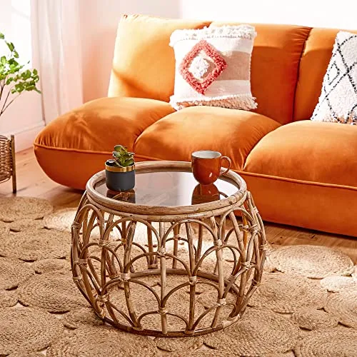 BTFY Table basse en rotin - Table centrale ronde en rotin avec plateau en verre - Table basse en osier - Style bohème et scandinave - Pour salon et salon - Sans assemblage - Gamme Evelyn