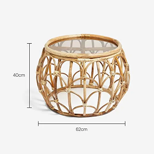 BTFY Table basse en rotin - Table centrale ronde en rotin avec plateau en verre - Table basse en osier - Style bohème et scandinave - Pour salon et salon - Sans assemblage - Gamme Evelyn