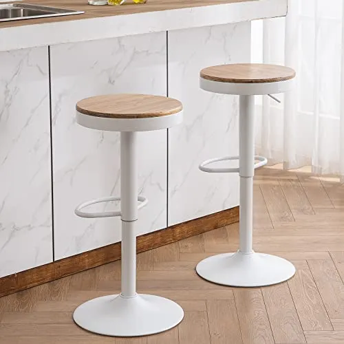 YOUNUOKE Tabourets de Bar en Bois Blanc Pivotant 360° et Hauteur Réglable 55-80cm Siège Confortable avec Repose-Pied Chaise Haute pour Bar Cuisine Lot de 2