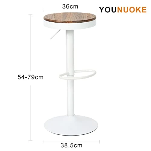 YOUNUOKE Tabourets de Bar en Bois Blanc Pivotant 360° et Hauteur Réglable 55-80cm Siège Confortable avec Repose-Pied Chaise Haute pour Bar Cuisine Lot de 2