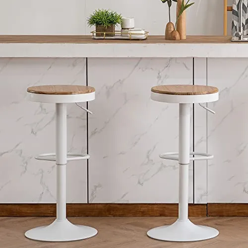 YOUNUOKE Tabourets de Bar en Bois Blanc Pivotant 360° et Hauteur Réglable 55-80cm Siège Confortable avec Repose-Pied Chaise Haute pour Bar Cuisine Lot de 2