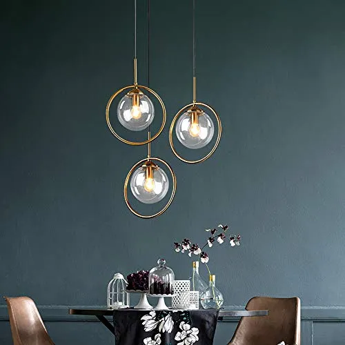 HJXDtech Suspension Lustre Industrielle Vintage, Plafonnier Lampe en Laiton avec Abat-jour en Verre,Luminaire Suspendu loft Moderne pour Cuisine Chambre Salon (3 Lumières-Clair)
