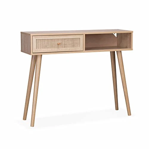 Console en cannage 100x29x81cm - Bohème - 1 tiroir.1 Espace de Rangement. Pieds scandinaves en Bois. 1 poignée