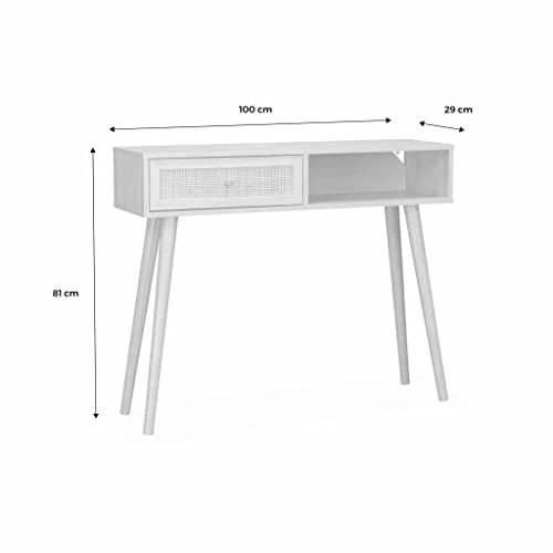 Console en cannage 100x29x81cm - Bohème - 1 tiroir.1 Espace de Rangement. Pieds scandinaves en Bois. 1 poignée