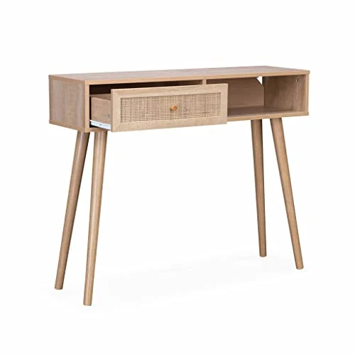 Console en cannage 100x29x81cm - Bohème - 1 tiroir.1 Espace de Rangement. Pieds scandinaves en Bois. 1 poignée