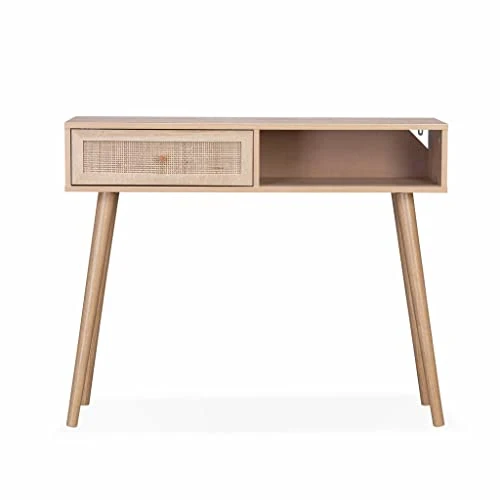 Console en cannage 100x29x81cm - Bohème - 1 tiroir.1 Espace de Rangement. Pieds scandinaves en Bois. 1 poignée