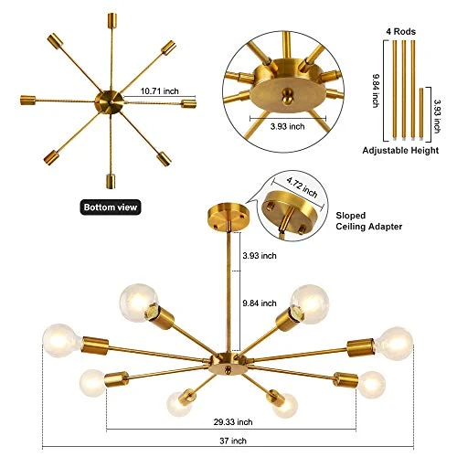 LynPon Sputnik Lustre Plafonnier Moderne 8 Lumières Or Laiton Industriel Vintage Suspension Luminaire pour Chambre Salon Cuisine Loft Salle À Manger