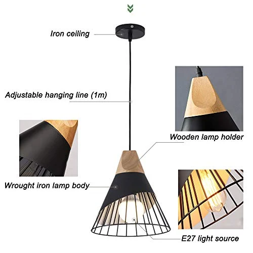 Lustre LED Moderne Simple Cuisine Salon Couloir Suspension Luminaire Créatif Forme de Cône Fer Cage E27 La Longueur est 25CM Haut est 30CM(Noir)2 pièces