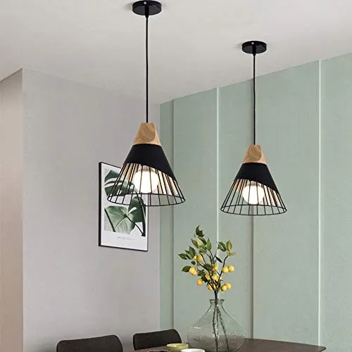 Lustre LED Moderne Simple Cuisine Salon Couloir Suspension Luminaire Créatif Forme de Cône Fer Cage E27 La Longueur est 25CM Haut est 30CM(Noir)2 pièces