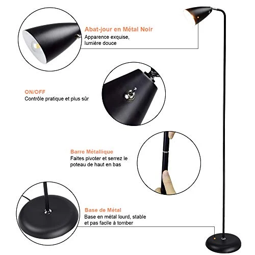 Depuley Lampadaire en Métal Fer, Noir Mat Lampadaire sur Pied Rétro Flexible de Bureau et Salon, Design Classique et Nostalgique，Lumière chaude,Métal noir, Ampoule E14 3000k.（Amouple Incluse）