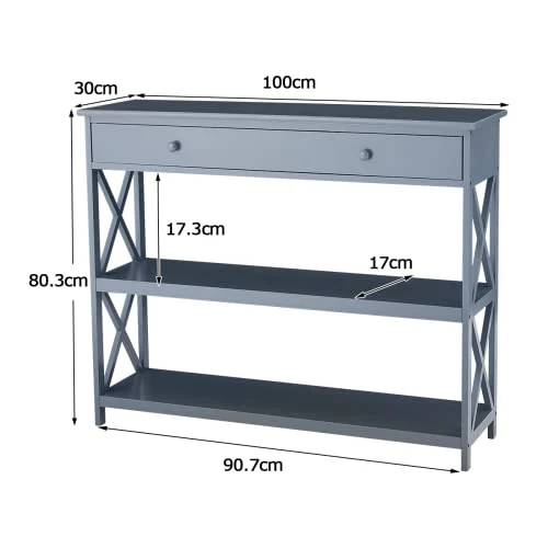 Table console, table d'entrée, 3 niveaux, design Classic X avec tiroir, salle d'entrée, table étroite, facile à monter (gris)