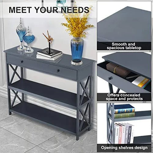 Table console, table d'entrée, 3 niveaux, design Classic X avec tiroir, salle d'entrée, table étroite, facile à monter (gris)