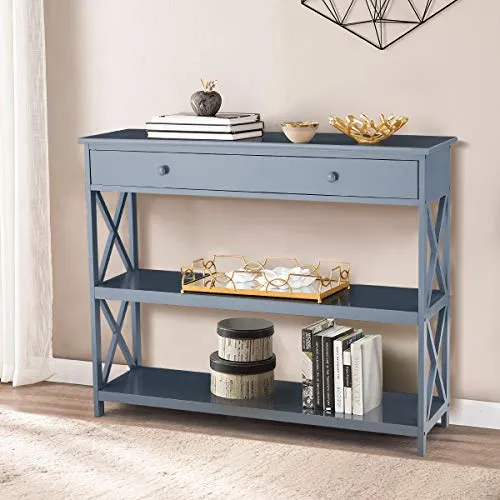 Table console, table d'entrée, 3 niveaux, design Classic X avec tiroir, salle d'entrée, table étroite, facile à monter (gris)