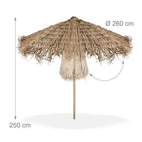 Relaxdays Hawaï Parasol de Plage en Bois et Feuille de Palmier résistant aux intempéries Naturel 250 x 260 cm