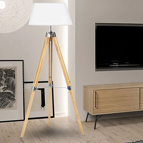 IDMarket - Lampadaire trepied Bois Clair réglable Blanc
