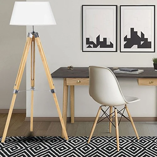 IDMarket - Lampadaire trepied Bois Clair réglable Blanc