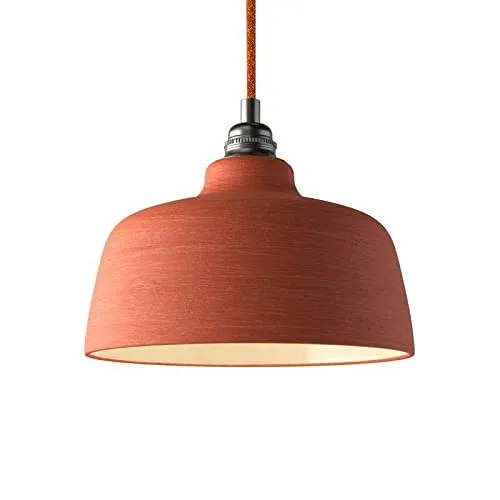 Suspension fabriquée en Italie avec câble Textile, Abat-Jour Coupe en céramique et Finition en métal - sans Ampoule, Rouge Corail à Rayures - Blanc
