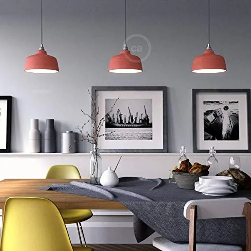 Suspension fabriquée en Italie avec câble Textile, Abat-Jour Coupe en céramique et Finition en métal - sans Ampoule, Rouge Corail à Rayures - Blanc