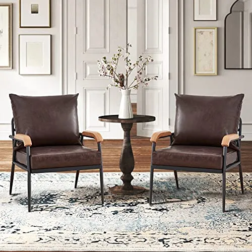 CLIPOP Fauteuil rétro Moderne avec Cadre en métal et Coussin en Cuir synthétique pour Salon, Chambre à Coucher, Salon (Marron foncé)