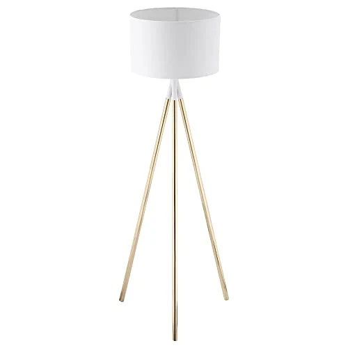HOMCOM Lampadaire trépied style art déco 40 W max. H.144 cm piètement métal doré abat-jour polyester coton blanc