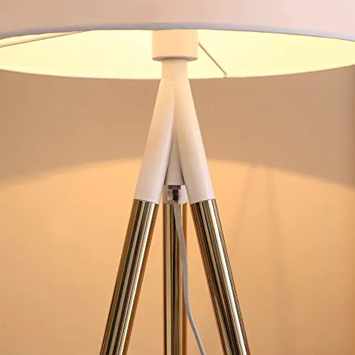HOMCOM Lampadaire trépied style art déco 40 W max. H.144 cm piètement métal doré abat-jour polyester coton blanc