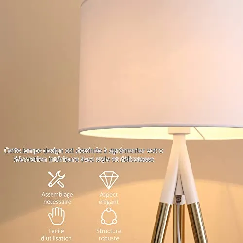 HOMCOM Lampadaire trépied style art déco 40 W max. H.144 cm piètement métal doré abat-jour polyester coton blanc