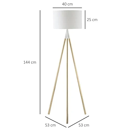 HOMCOM Lampadaire trépied style art déco 40 W max. H.144 cm piètement métal doré abat-jour polyester coton blanc