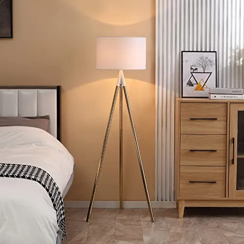 HOMCOM Lampadaire trépied style art déco 40 W max. H.144 cm piètement métal doré abat-jour polyester coton blanc