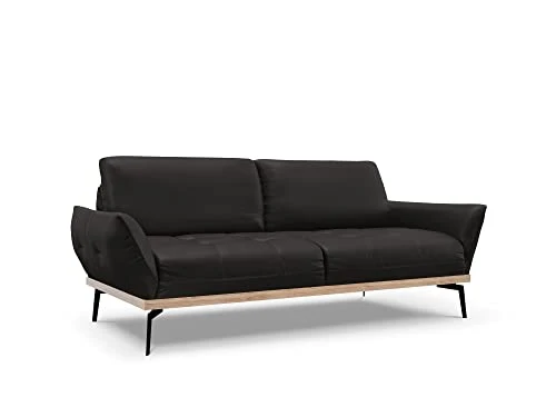 Canapé en Cuir Véritable, Nix, 3 Places, Noir, 221x95x87