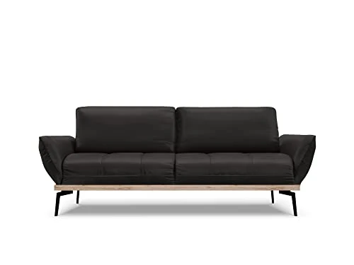 Canapé en Cuir Véritable, Nix, 3 Places, Noir, 221x95x87