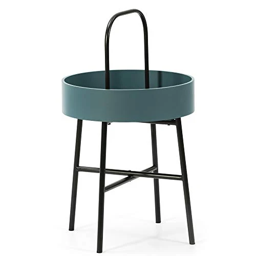 VS Venta-stock Table auxiliaire Table Basse Ronde Jaipur avec Plateau en MDF Bleu et Structure métallique en Couleur Noir Mat/DIAMÈTRE: 40 cm