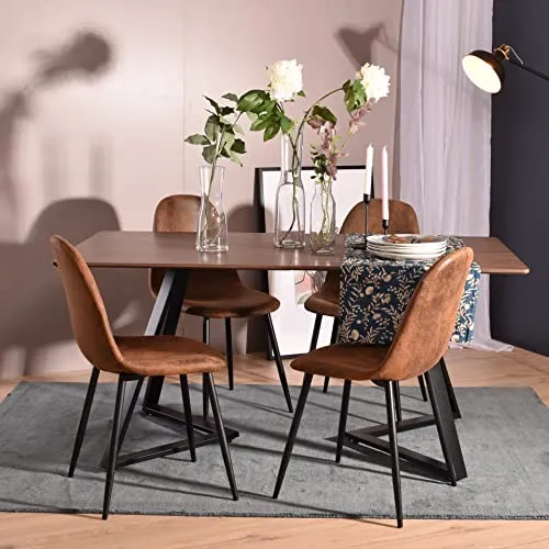 MEUBLE COSY Lot de 4 chaises de salle à manger Scandinave Fauteuil Salon Salon Pied Métal Noir Rétro Vintage en Suède Marron, 42,5x54,5x86cm