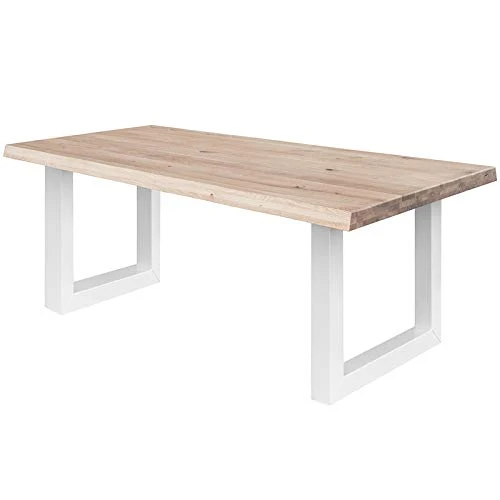 COMIFORT Table à Manger - Meuble de Salon Bureau Bureau Robuste et Moderne en Chêne Massif Blanchi avec Côté Ondulé, Pieds en Acier Blanc en U (220x100 cm)