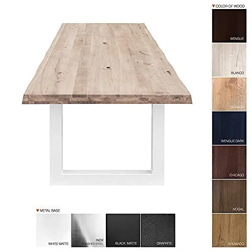 COMIFORT Table à Manger - Meuble de Salon Bureau Bureau Robuste et Moderne en Chêne Massif Blanchi avec Côté Ondulé, Pieds en Acier Blanc en U (220x100 cm)