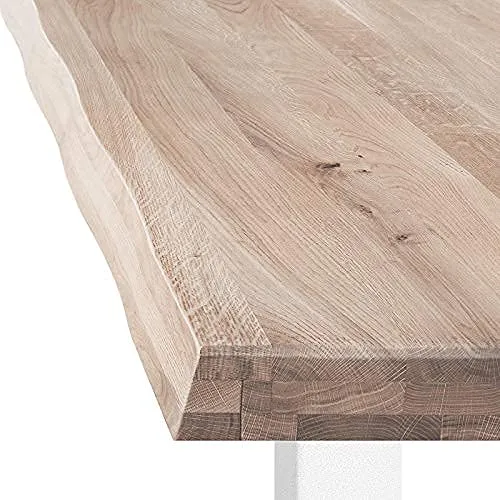 COMIFORT Table à Manger - Meuble de Salon Bureau Bureau Robuste et Moderne en Chêne Massif Blanchi avec Côté Ondulé, Pieds en Acier Blanc en U (220x100 cm)